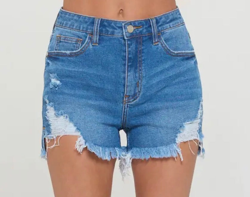 Medium Wash High Rise Distressed Shorts