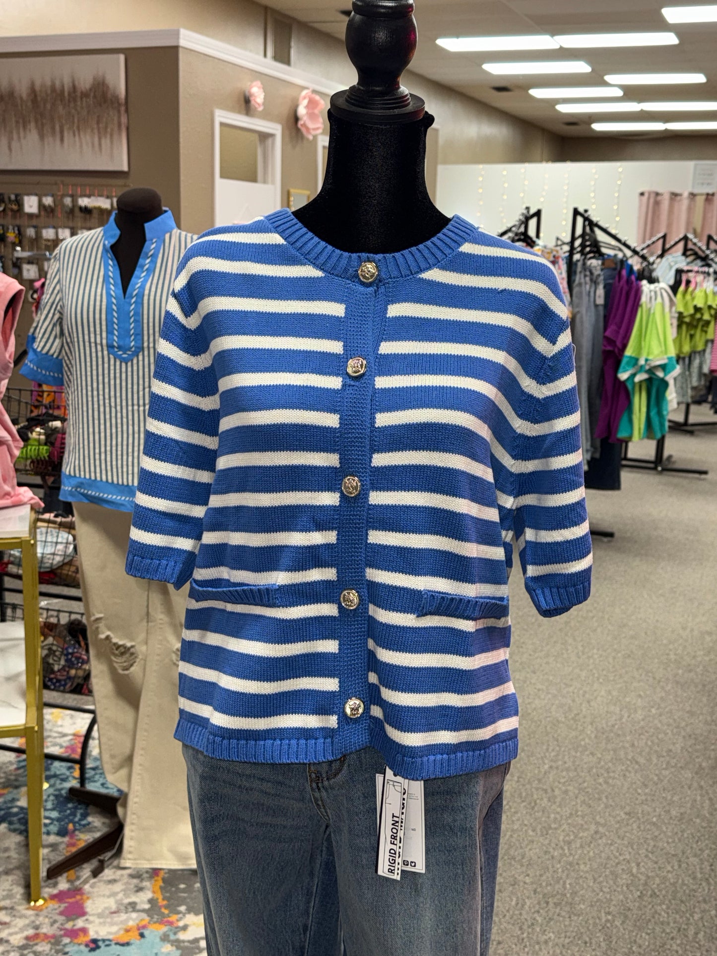 Stripe Button Down Knit Top | Blue