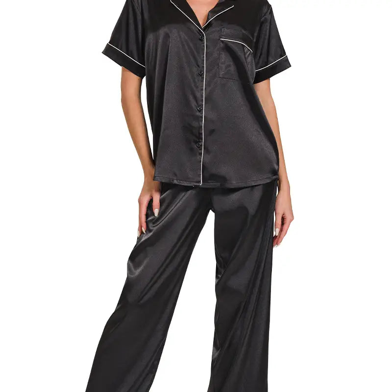 Satin Button Down Pajamas | Black