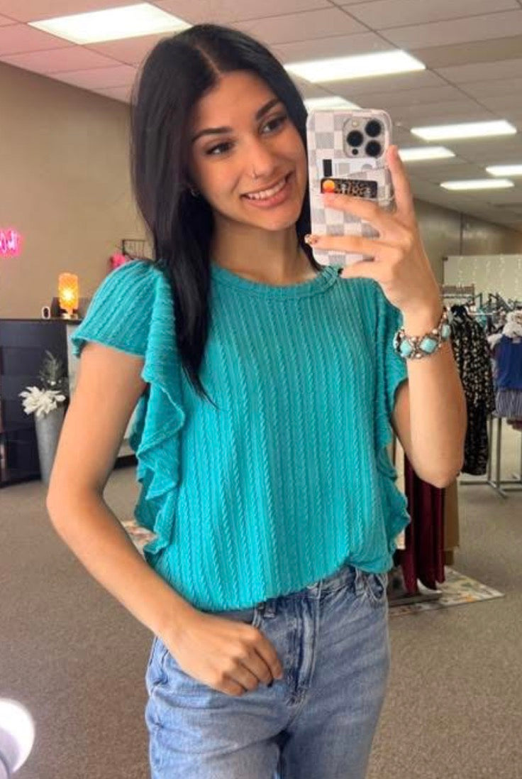 Jacquard Flutter Sleeve Top | Turquoise
