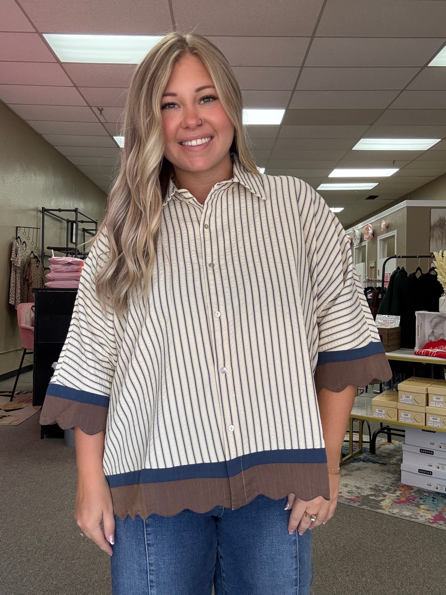 Scalloped Hem Striped Top