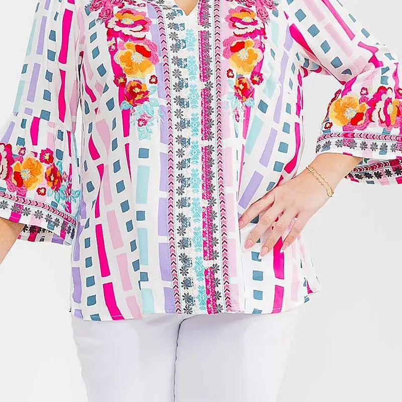 Plus | Embroidered Multi Print Top