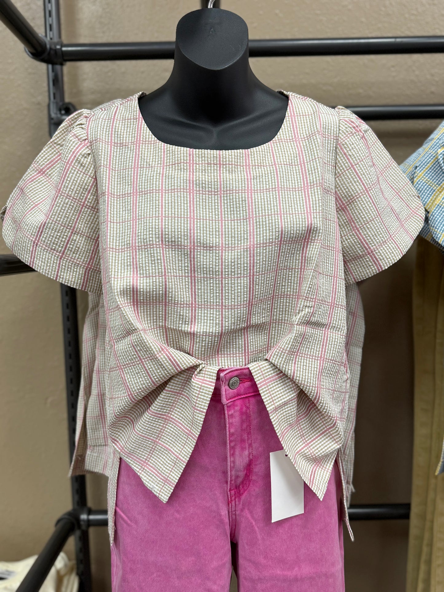 Relaxed Sleeve Plaid Top | Pink