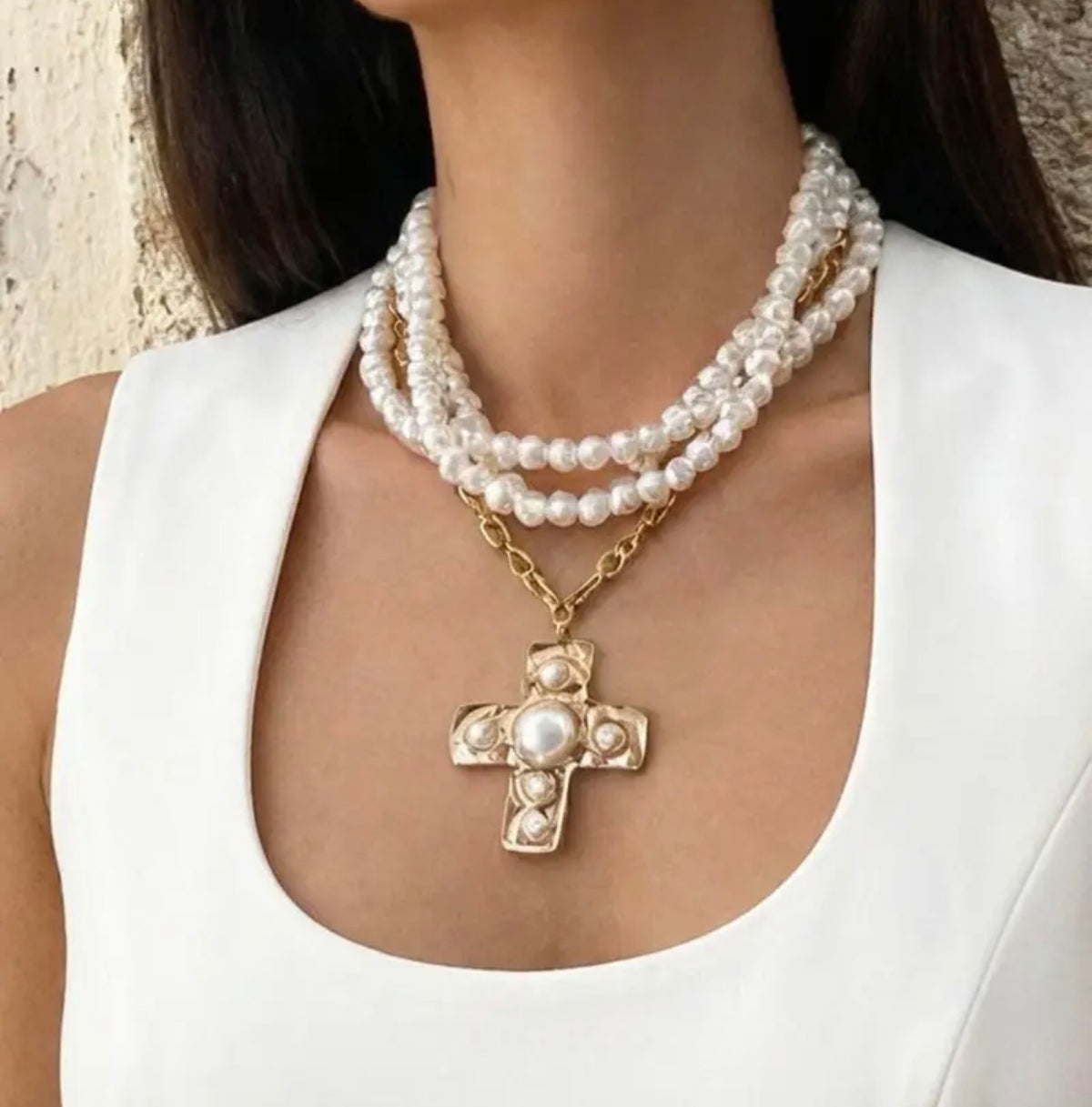 Pearl Wrap Hammered Cross Necklace