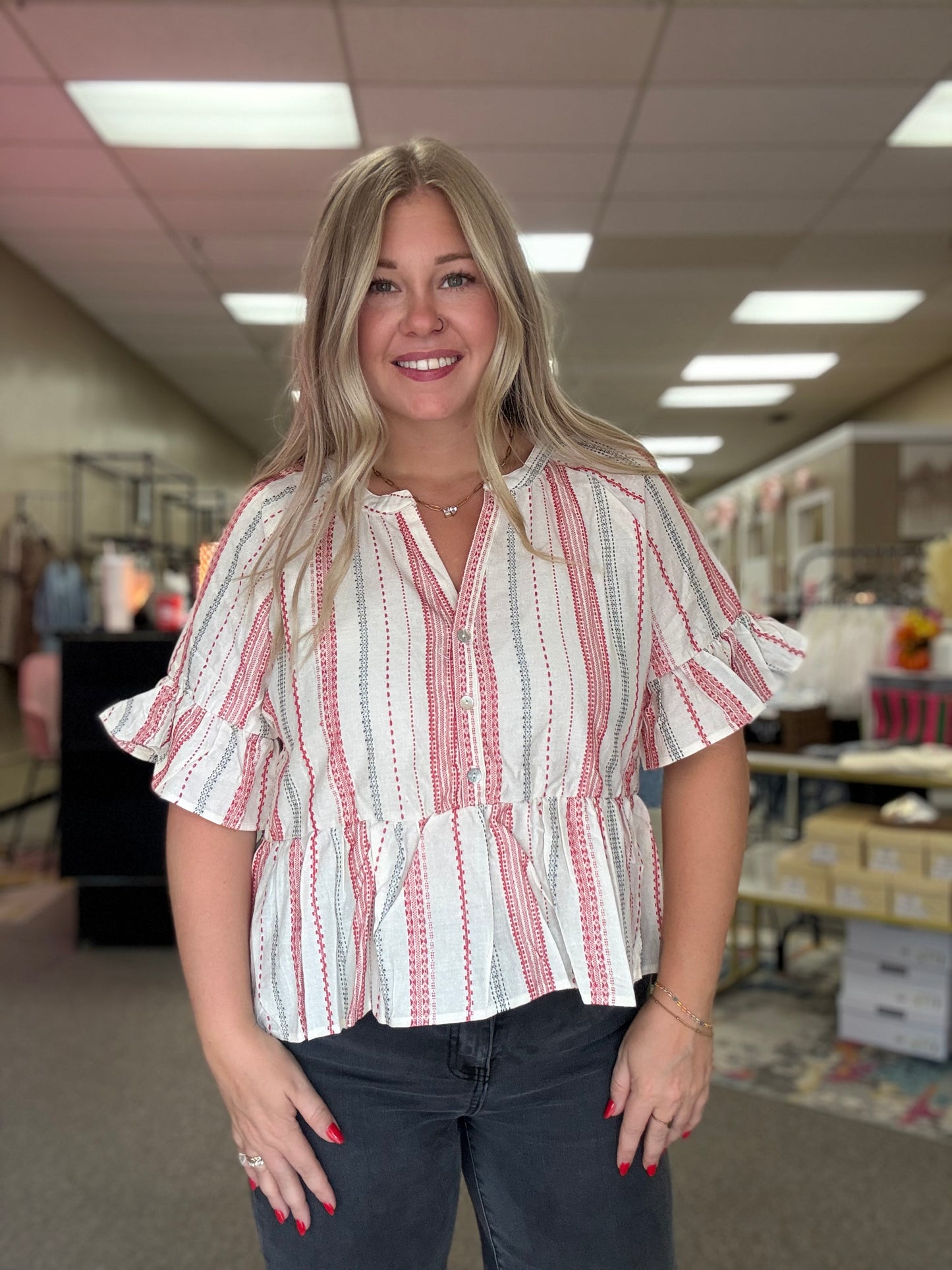 Striped Bell Sleeve Top | Red