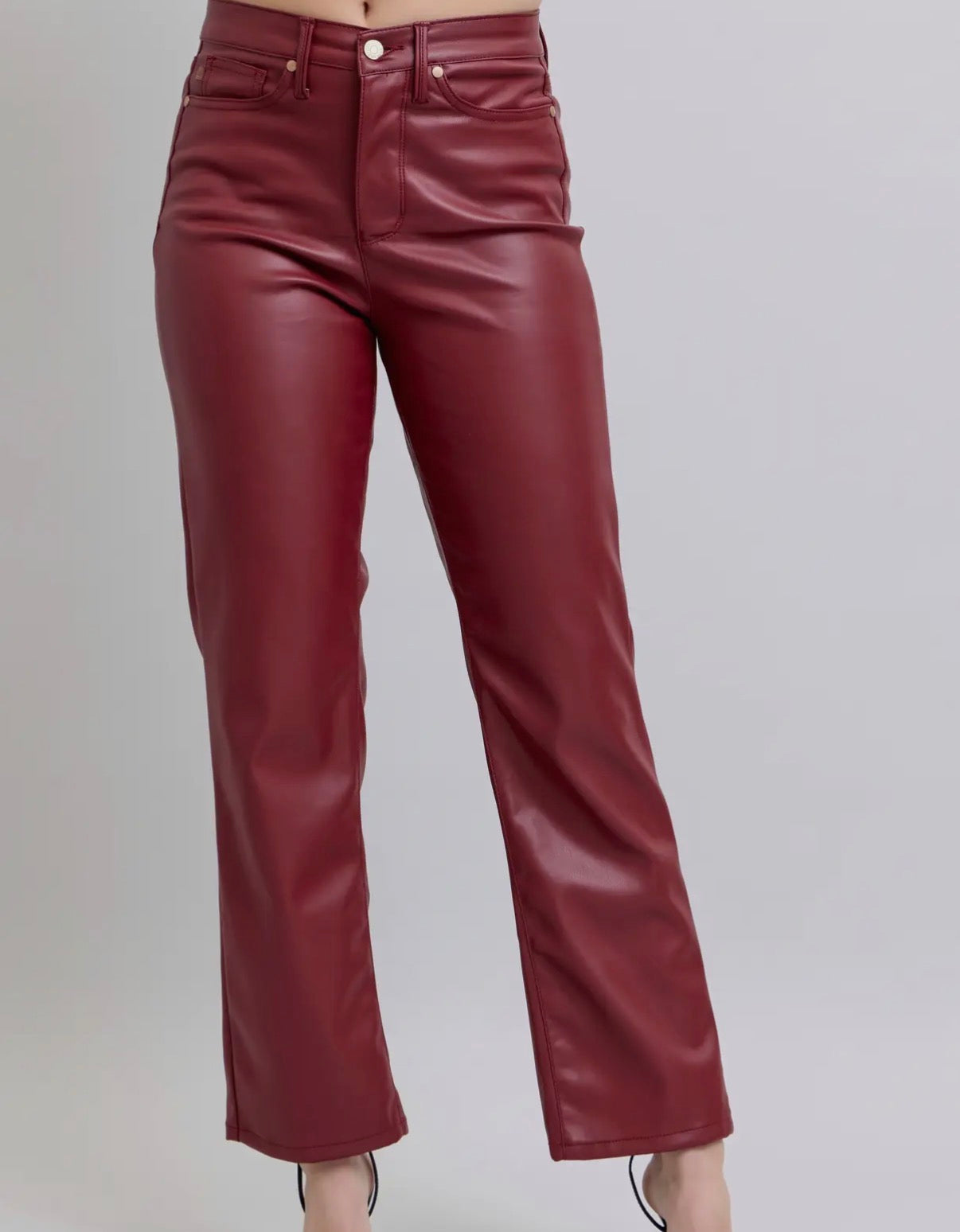 Faux Leather Tummy Control High Waist Straight | Wine