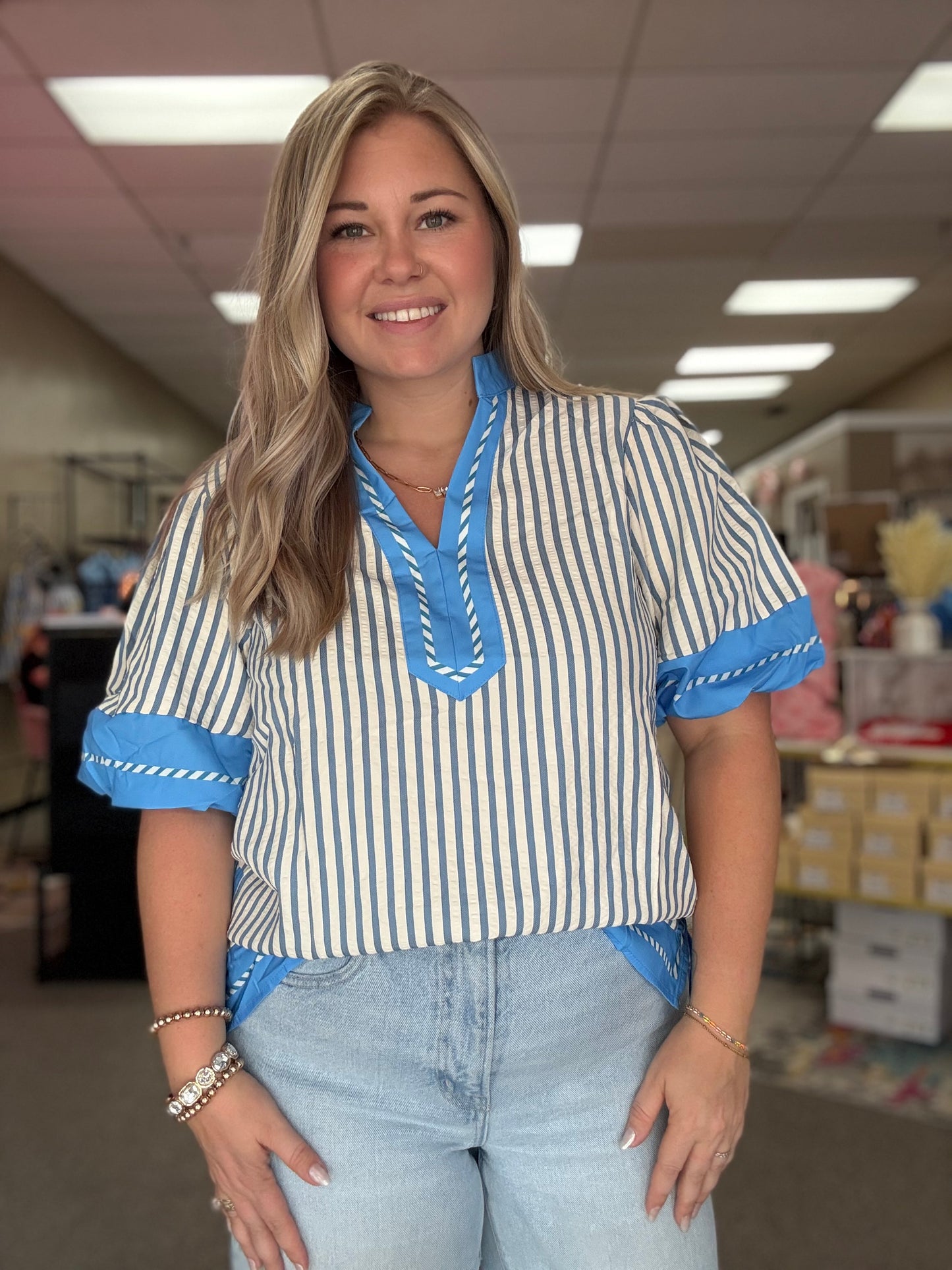 Blue Stripe Colorblock Top