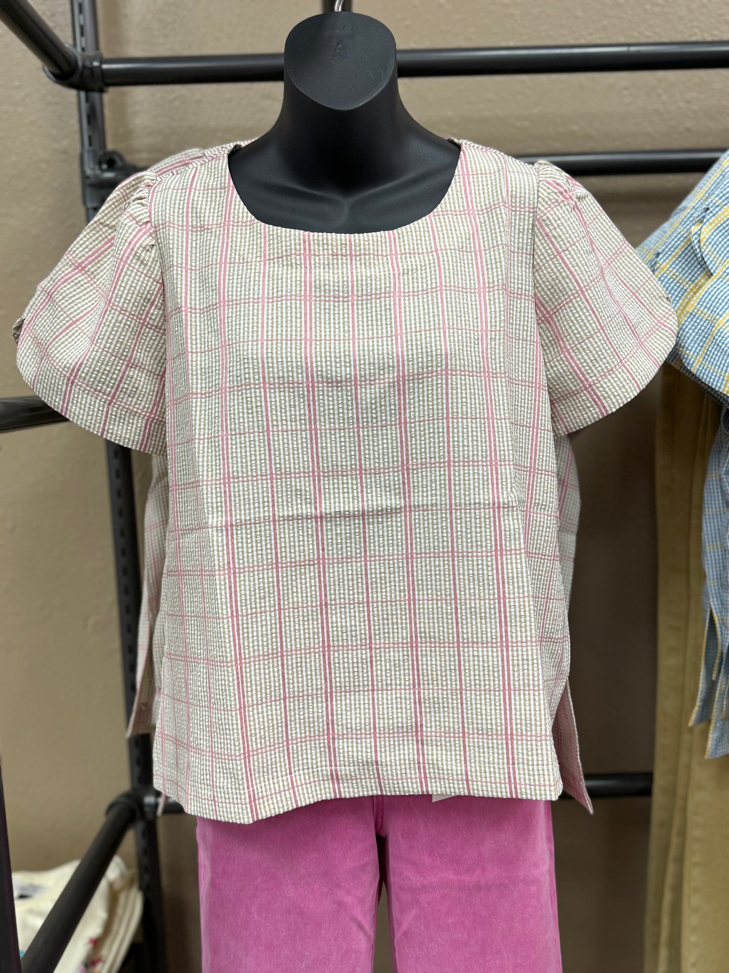 Relaxed Sleeve Plaid Top | Pink