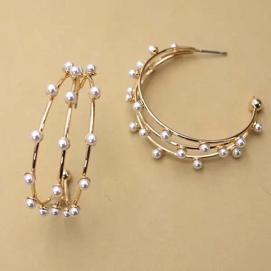 Triple Row Wire Pearl Hoops