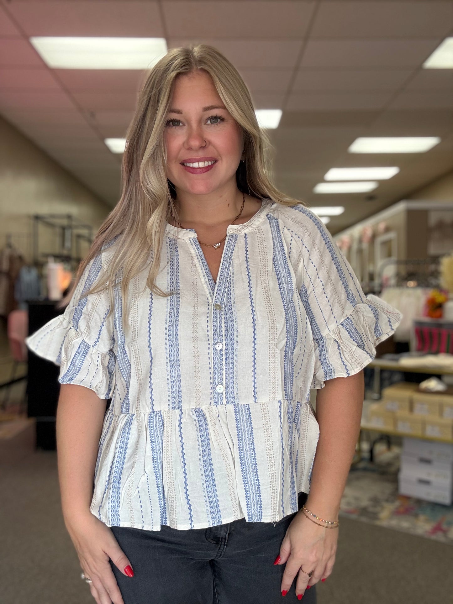 Striped Bell Sleeve Top | Blue