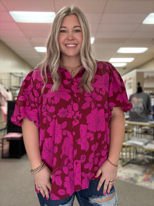 Puff Sleeve Button Up Blouse | Plus