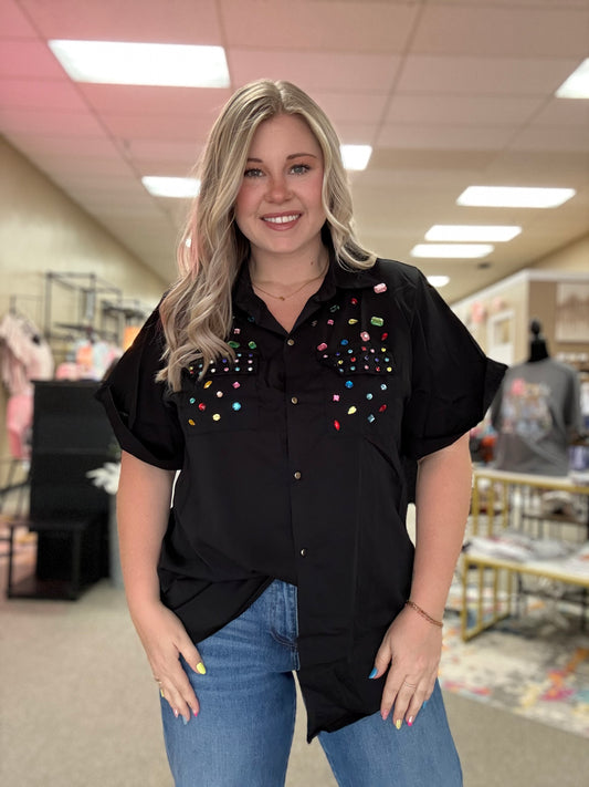 Rhinestoned Button Up Blouse | Plus