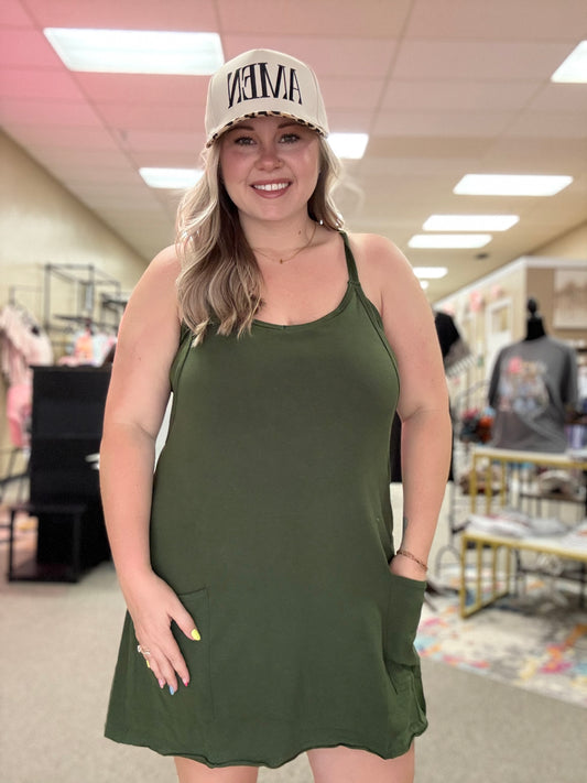Cotton Dress w/Romper | Army Green