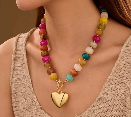 Multi Beaded Heart Charm Necklace