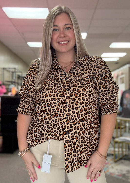 Leopard Puff Sleeve Button Up Top
