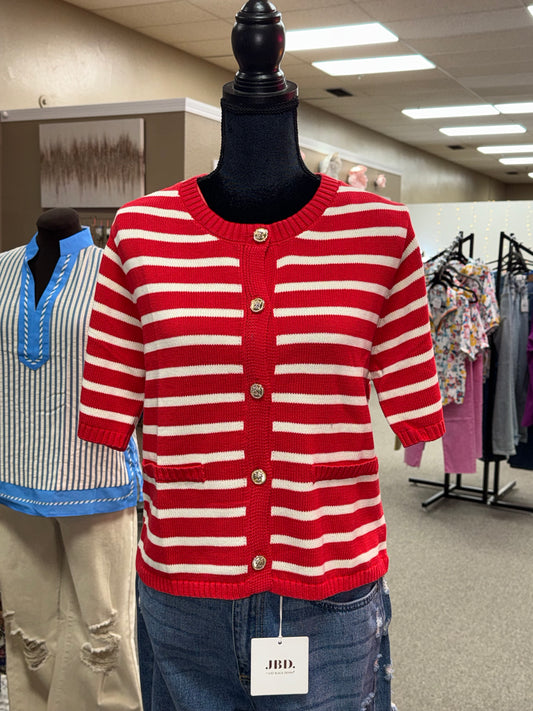 Stripe Button Down Knit Top | Red