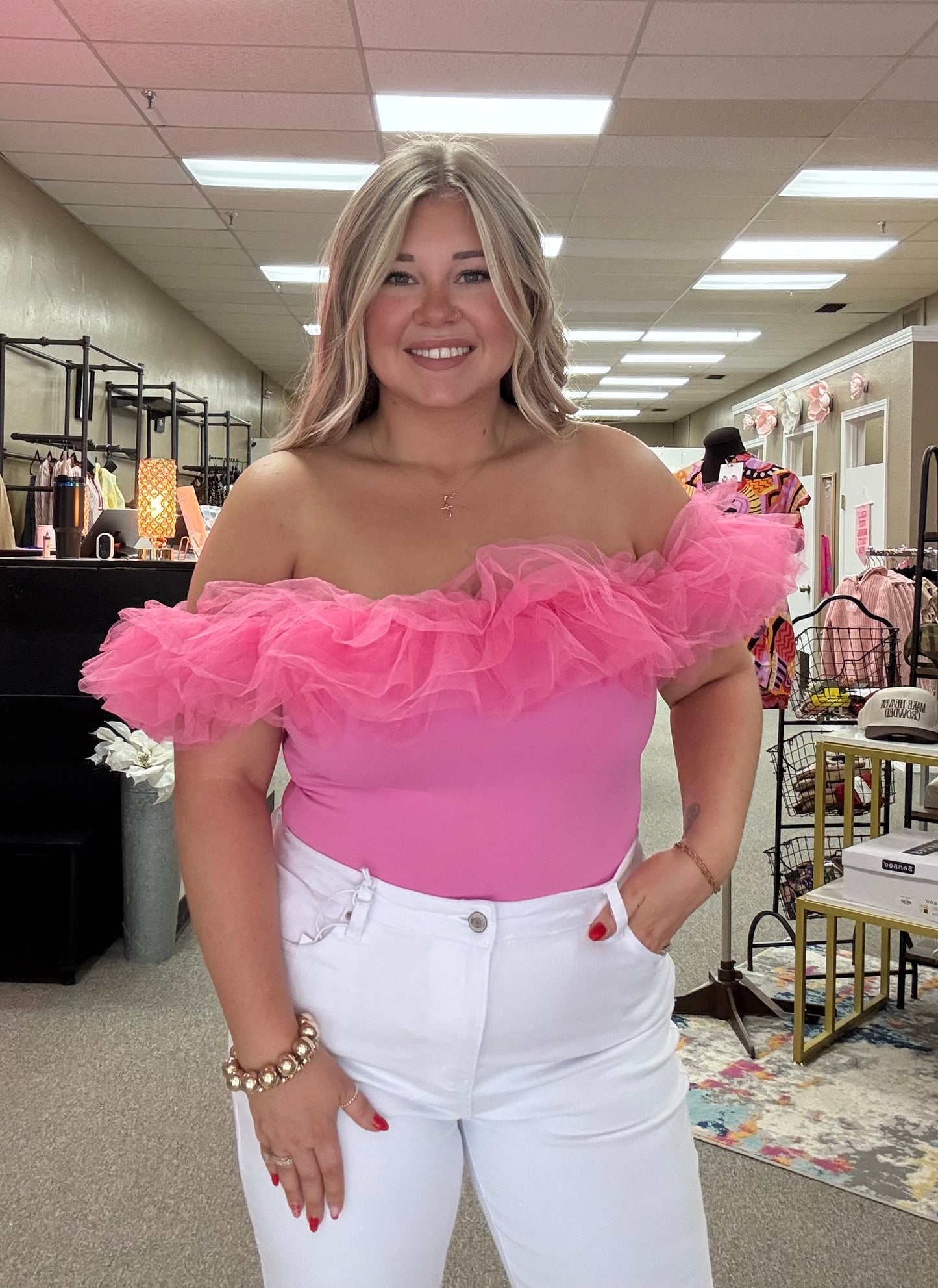 Tulle Off the Shoulder Bodysuit | Pink