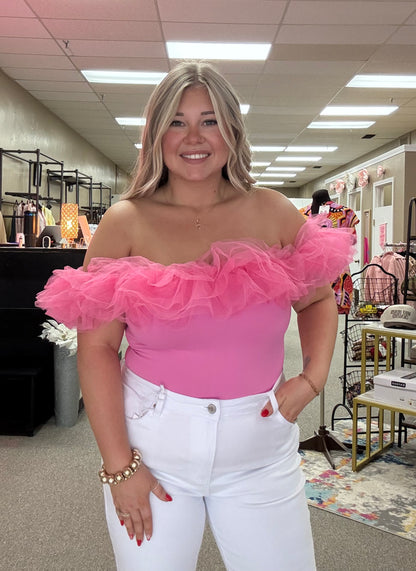Tulle Off the Shoulder Bodysuit | Pink