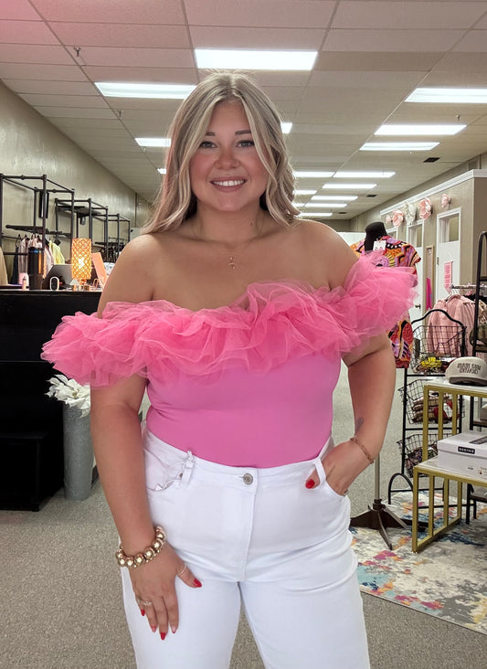 Tulle Off the Shoulder Bodysuit | Pink
