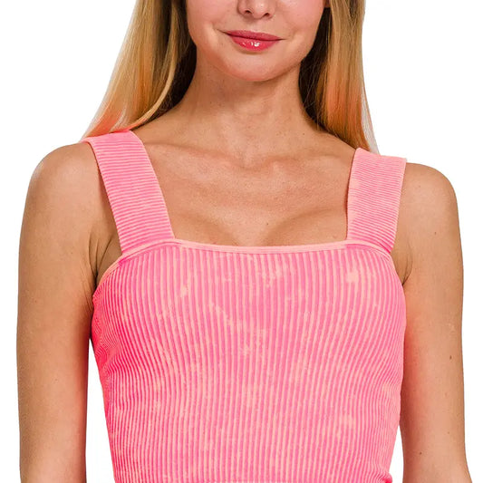 Ribbed Square Neck Tank | Neon Fuchsia