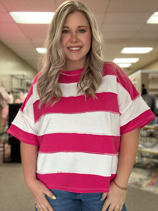 French Terry Striped Top | Hot Pink