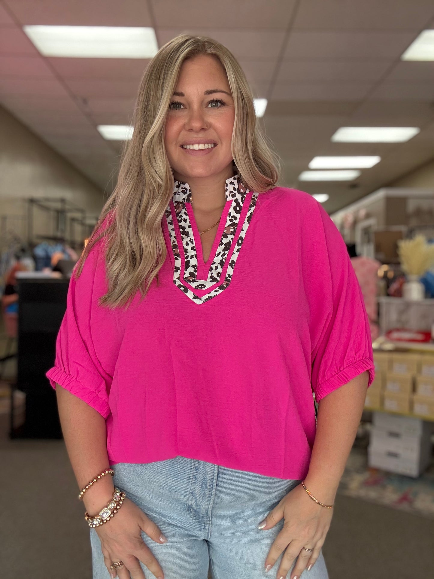 Neon Pink Top w/Leopard Accent