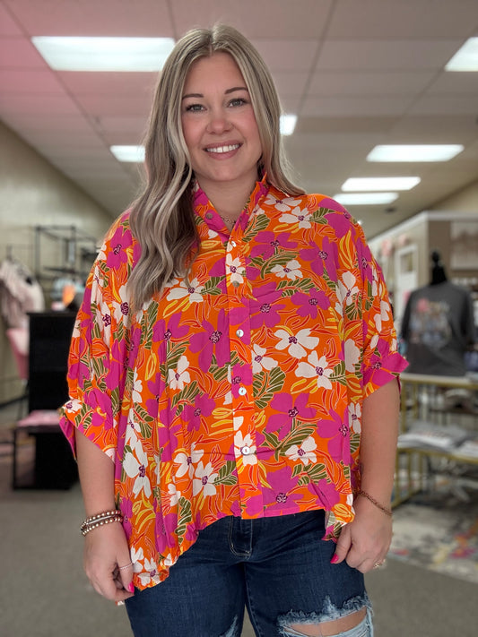 Vacay Top | Short Sleeve Batwing Button Up