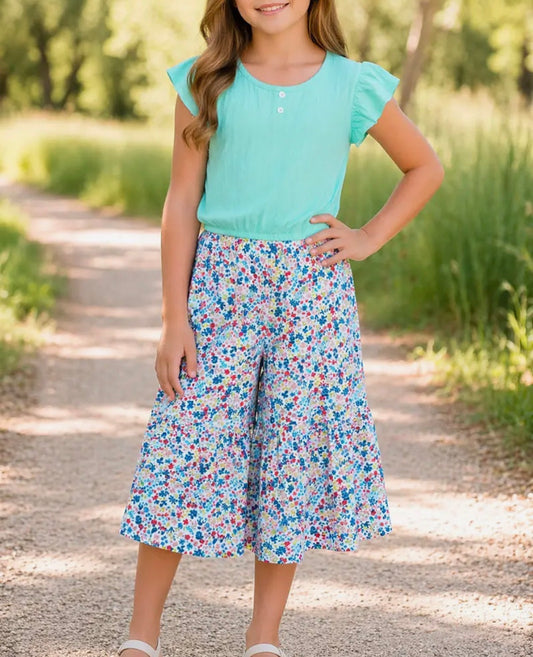 Toddler Floral Wide Leg Set | Teal