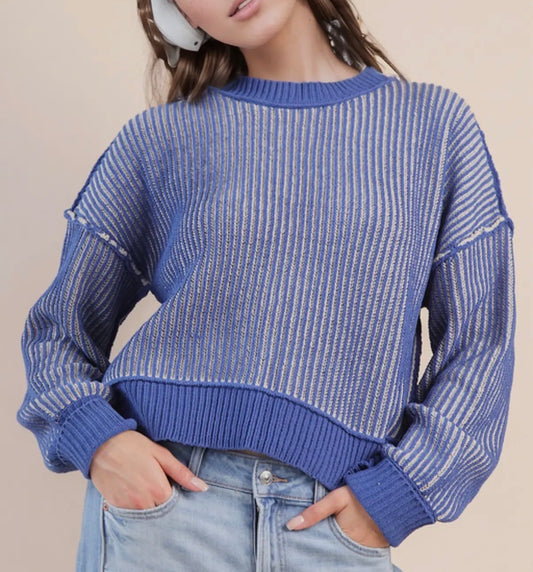 Two Toned Striped Sweater | Royal + White
