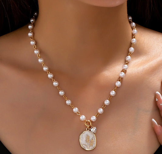 Pearl Chain Floral Oval Enamel Pendant