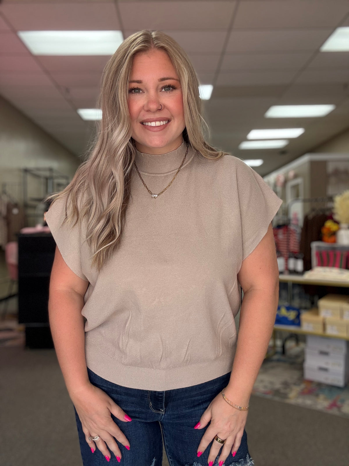 Mock Neck Short Sleeve Sweater | Light Mocha
