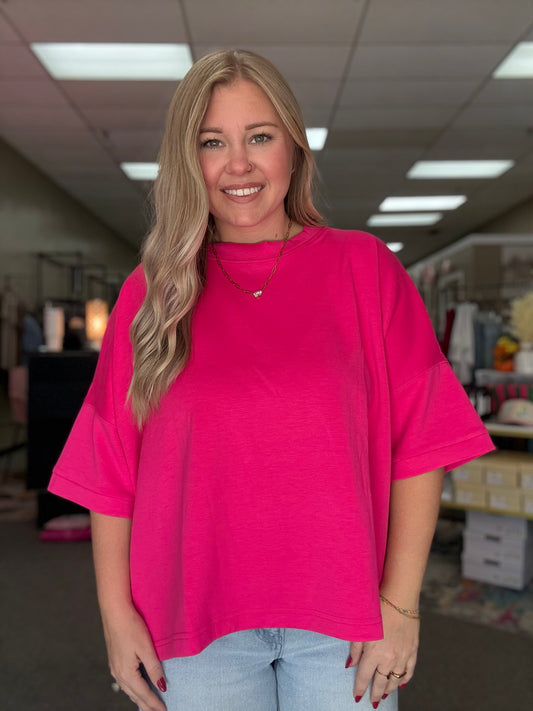 Scuba Round Neck Top | Hot Pink